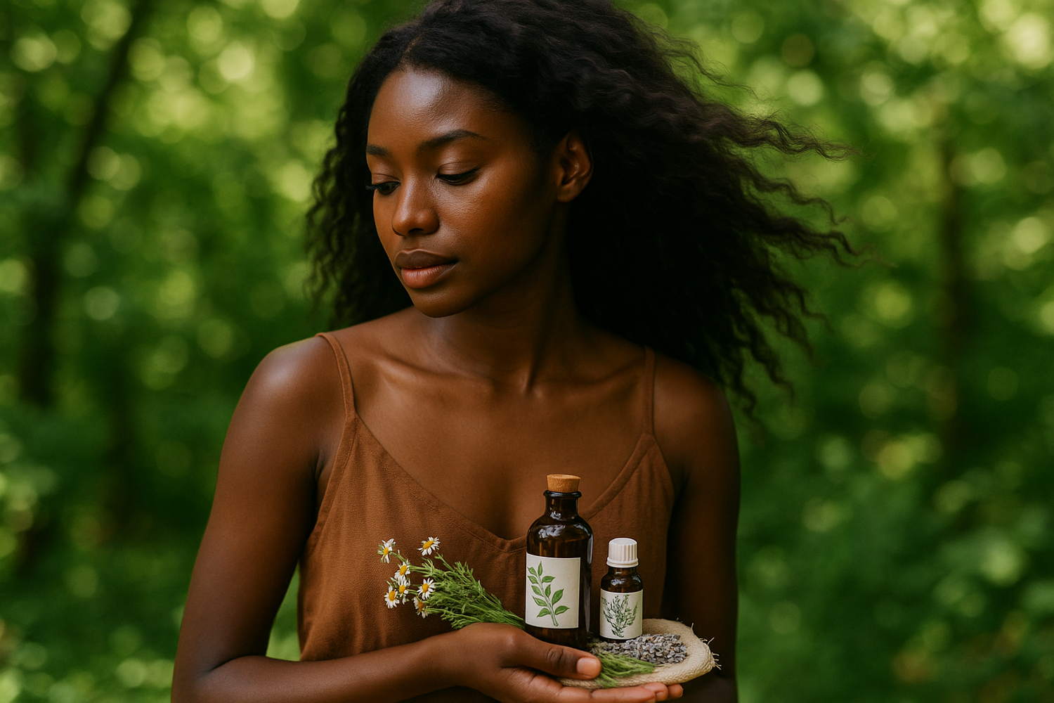 have her outdoors in nature and not directly looking at the camera. Also include a images of the products on our site